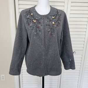 Croft & Barrow Fleece Cardigan Jacket Size L Petite Gray Embroidered Zip Up
